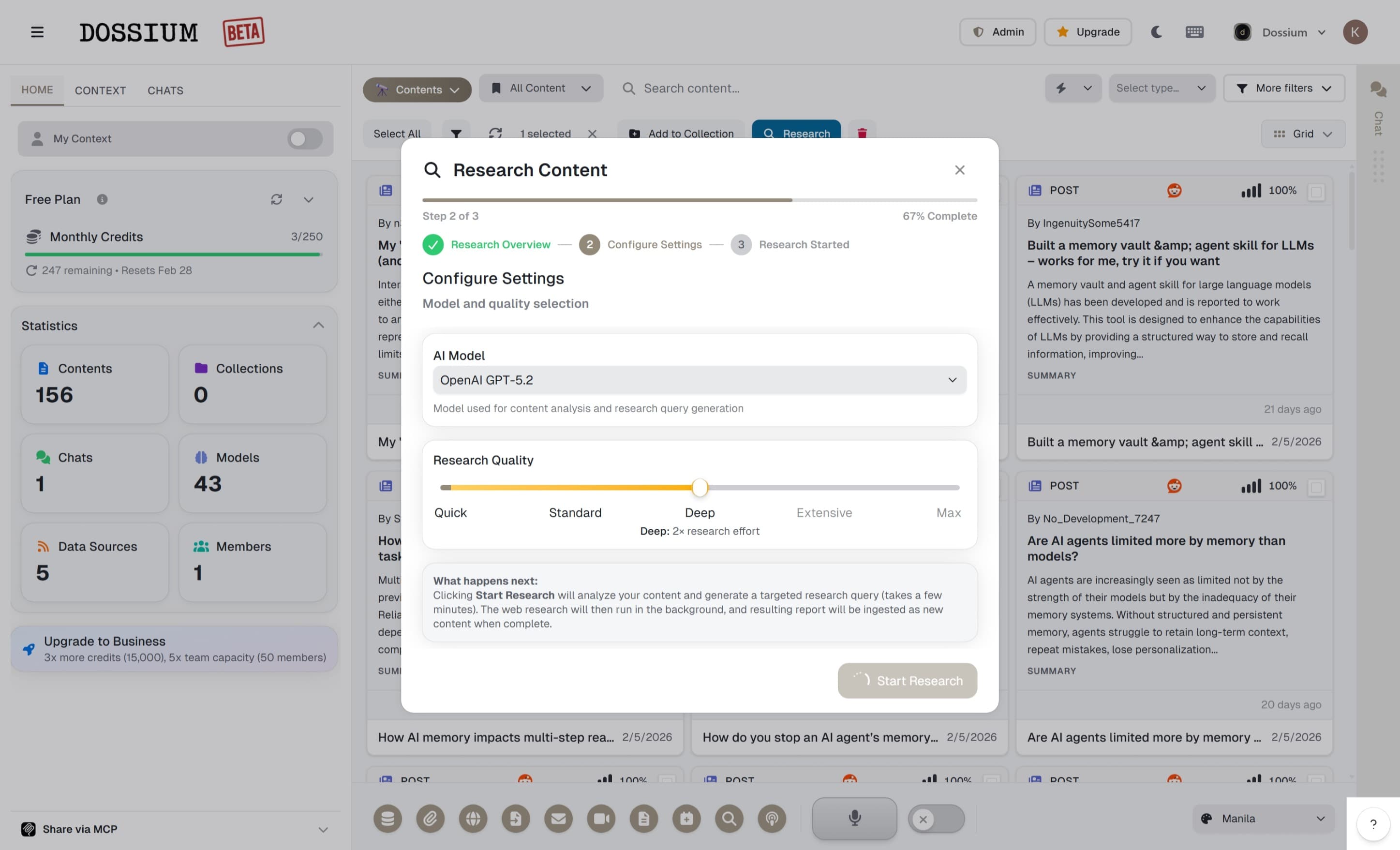 Dossium deep research interface built on Graphlit context infrastructure